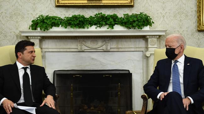 US President Joe Biden meets with Ukraine's President Volodymyr Zelensky in the Oval Office of the White House on September 1, 2021.