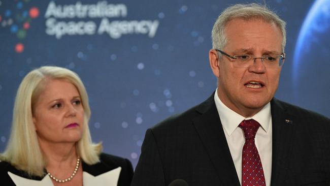 Karen Andrews with former Prime Minister Scott Morrison. (AAP Image/David Mariuz)