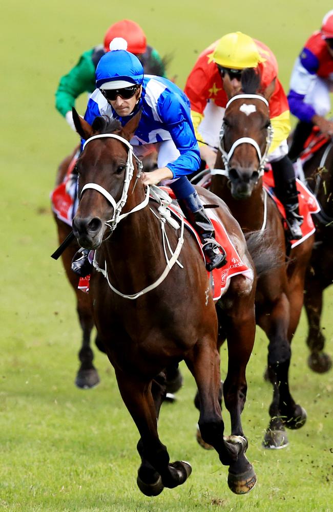 Winx, ridden by Hugh Bowman, takes out the Group 1 George Ryder Stakes. Picture: Jenny Evans