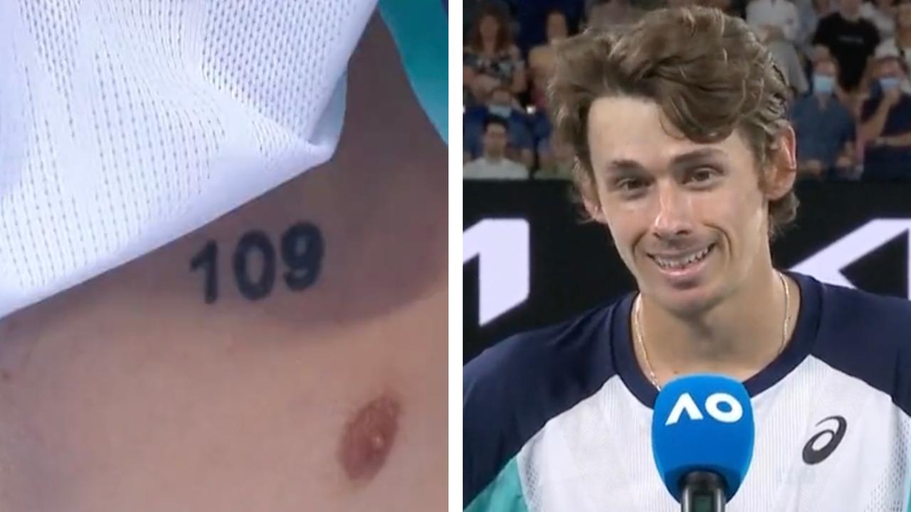 Alex de Minaur explained his 109 tattoo in a heart-warming post-game interview.