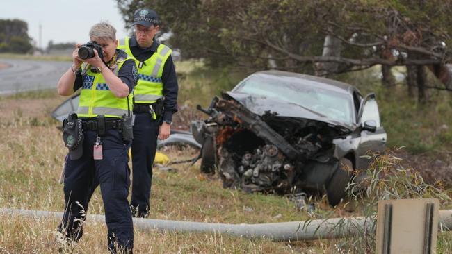 Major Crash investigators examine the scene at Waterloo Corner. Picture: Dean Martin