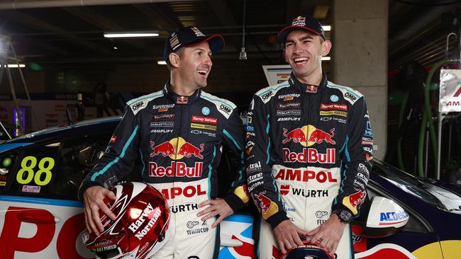 DAILY TELEGRAPH. OCTOBER 5, 2022. Pictured at Mount Panorama today is Redbull Racings Brock Feeney with his co-driver Jamie Whincup ahead of this weekends Bathurst 1000. Picture: Tim Hunter.
