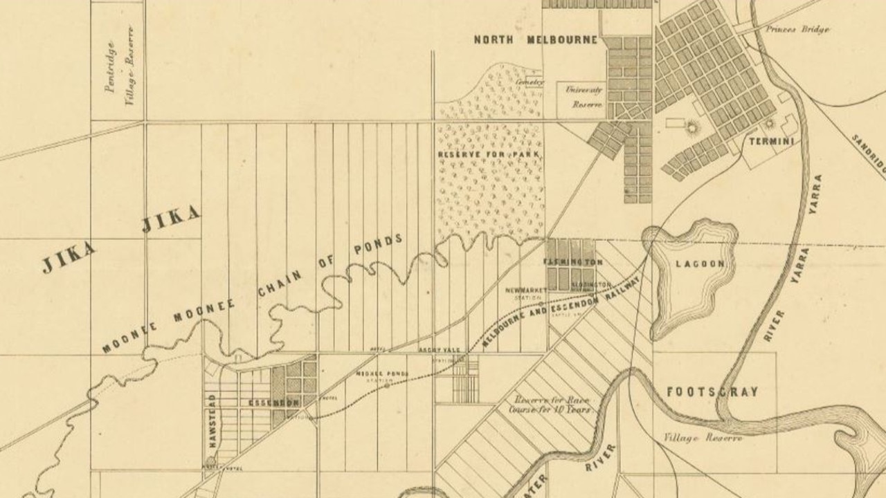 This map shows Melbourne and Flemington in 1855. The scene of Turner’s crime was near Mains Bridge. Picture: City of Moonee Valley