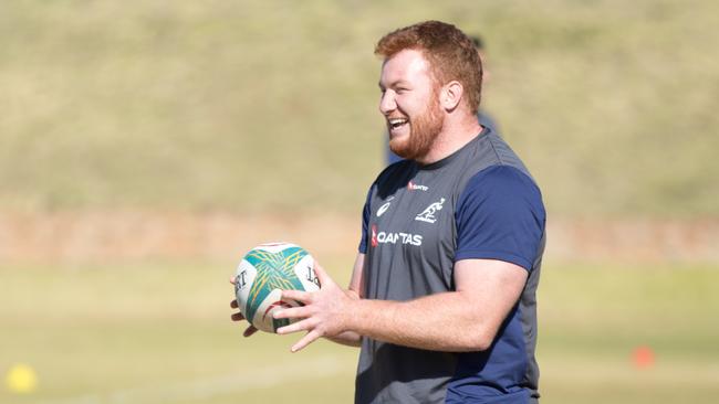 New Wallaby prop Harry Johnson-Holmes all smiles in Johannesburg after his sudden call-up. Picture: Marty Ford, Rugby Australia