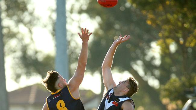 Essendon Doutta Stars’ Karl Brown and Avondale Heights’ Tom Russell contest the ruck. Picture: Hamish Blair