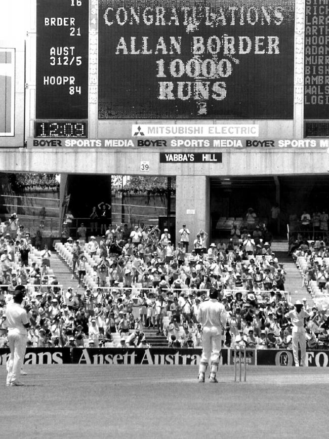 The SCG scoreboard congratulates Allan Border on reaching the milestone. Picture: Gregg Porteous