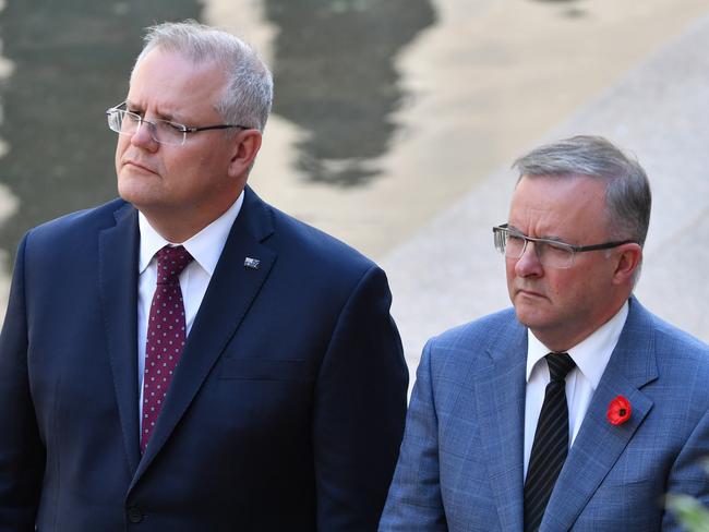 Prime Minister Scott Morrison and Leader of the Opposition Anthony Albanese at the Last Post Ceremony at the Australian War Memorial in Canberra, Monday, February 3, 2020. (AAP Image/Mick Tsikas) NO ARCHIVING