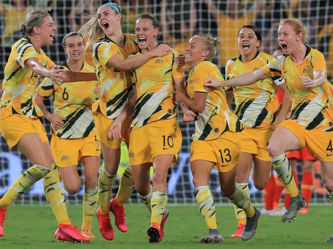 The Matildas celebrate a goal on the way to Tokyo. Picture: Getty Images