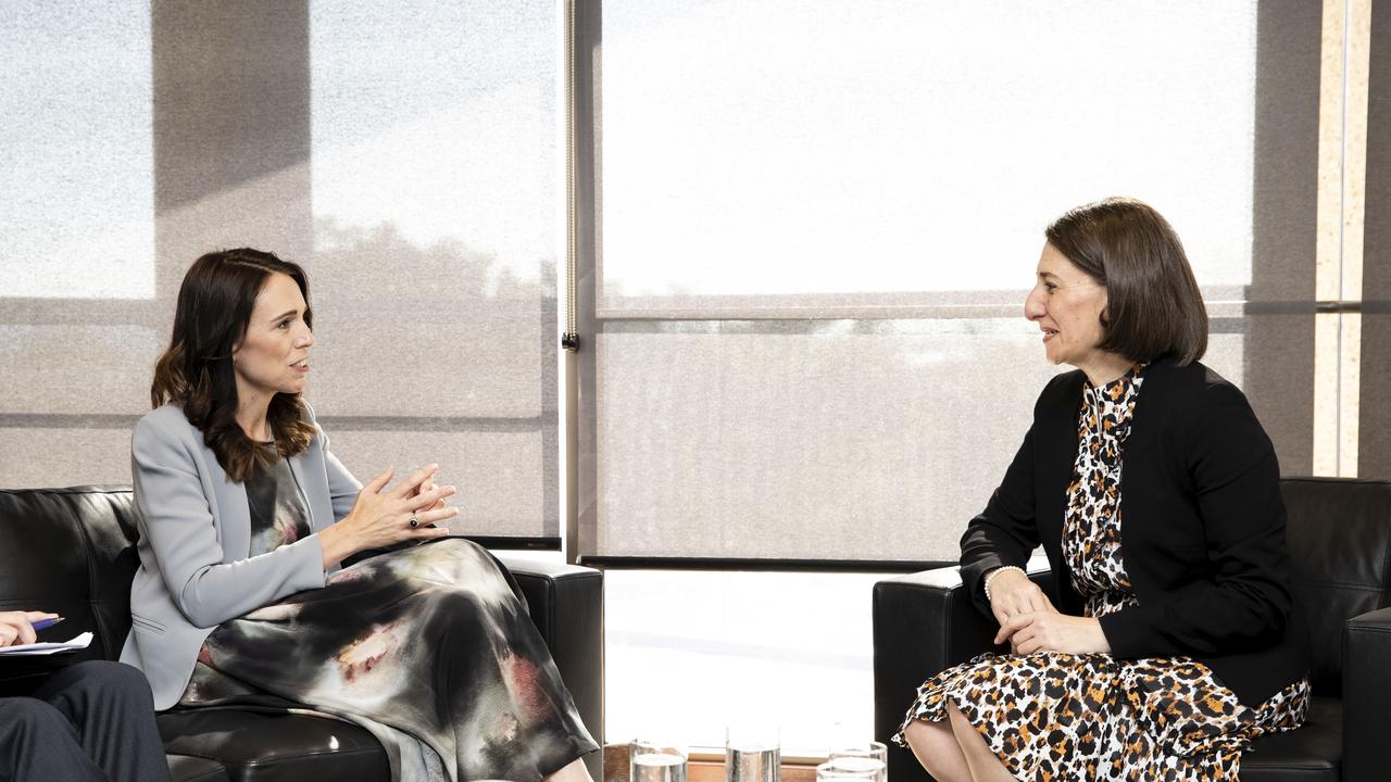 New Zealand Prime Minister Jacinda Ardern and NSW Premier Gladys Berejiklian chat during their meeting. Picture: Dominic Lorrimer