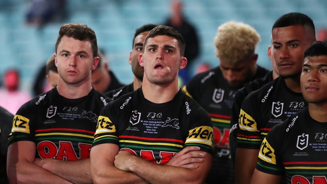 SYDNEY, AUSTRALIA – OCTOBER 25: Dylan Edwards of the Panthers and Nathan Cleary of the Panthers look dejected after losing the 2020 NRL Grand Final match between the Penrith Panthers and the Melbourne Storm at ANZ Stadium on October 25, 2020 in Sydney, Australia. (Photo by Cameron Spencer/Getty Images)