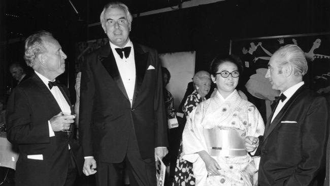 HC Nugget Coombs, left, Gough Whitlam, artist Minami Tada and Franco Belgiorno-Nettis at the Biennale’s opening in 1973.