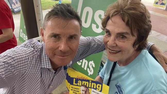 Mayoral candidate Andrew Laming with his mother, Estelle Laming, who has been volunteering at the Capalaba booth. NO ONE DEPICTED IN THIS IMAGE IS ACCUSED OF ANY WRONGDOING. Picture: Contributed