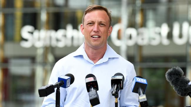 Queensland Health Minister Steven Miles speaks to the media . The Queensland Government has announced that some restrictions will be eased in Queensland due to a very low number of new COVID-19 infections from Saturday, May 2. (AAP Image/Dan Peled)