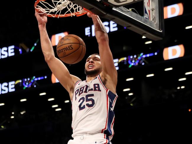 NEW YORK, NEW YORK - JANUARY 20: Ben Simmons #25 of the Philadelphia 76ers dunks in the second half against the Brooklyn Nets at Barclays Center on January 20, 2020 in New York City.The Philadelphia 76ers defeated the Brooklyn Nets 117-111.NOTE TO USER: User expressly acknowledges and agrees that, by downloading and or using this photograph, User is consenting to the terms and conditions of the Getty Images License Agreement.   Elsa/Getty Images/AFP == FOR NEWSPAPERS, INTERNET, TELCOS & TELEVISION USE ONLY ==