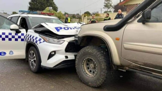 Three men have been charged after they allegedly stole a car and rammed into a police car in East Bairnsdale.Â Police allege the stolen Nissan Patrol drove into a police vehicle in Royal Court about 5.30am on Monday.Â