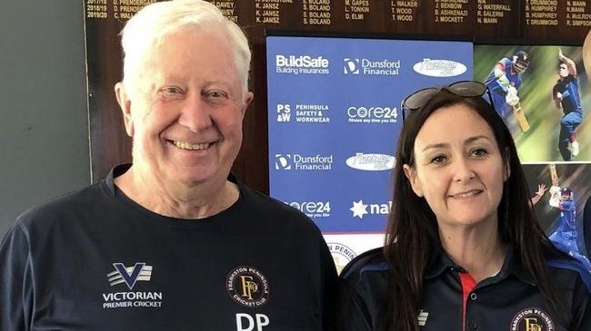 Melissa McConnell with legendary Frankston Peninsula Cricket Club official Denis Prendergast.