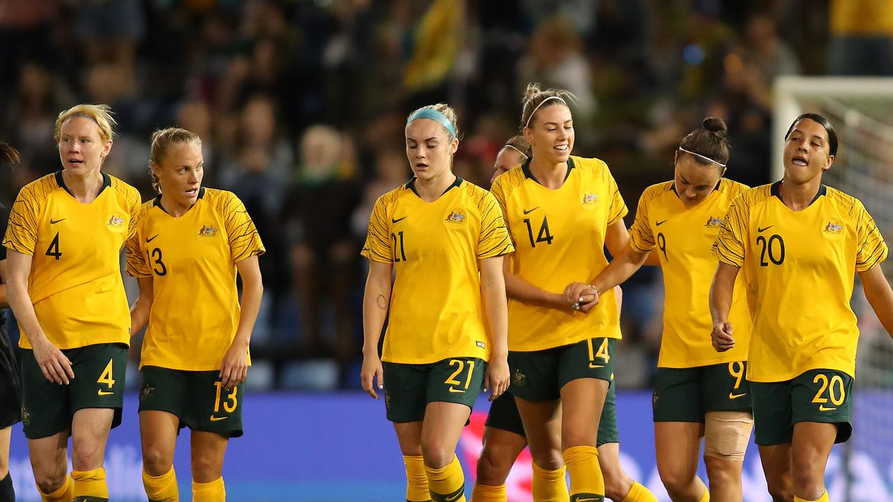 Australia celebrates a goal during the International Women's Friendly match between the Australian Matildas and Chile