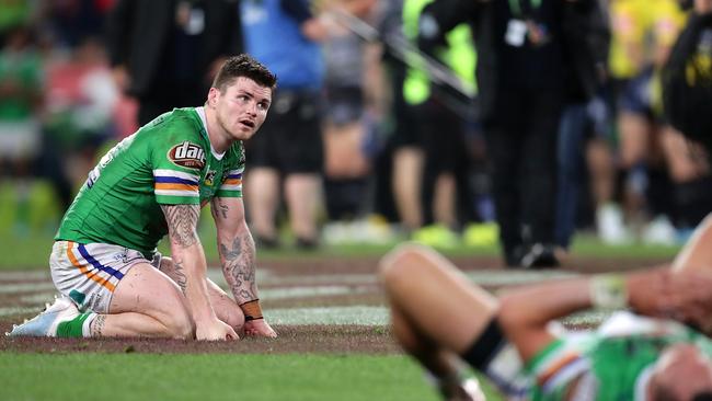 A shattered John Bateman after last year’s grand final loss to the Roosters. Picture: Mark Metcalfe/Getty