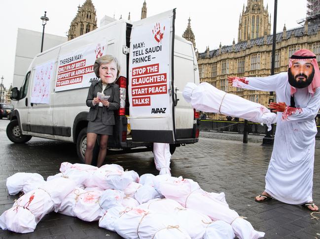 Protest group Avaaz stages a demonstration against the ongoing violence in Yemen outside Westminster. Picture: Leon Neal/Getty Images.