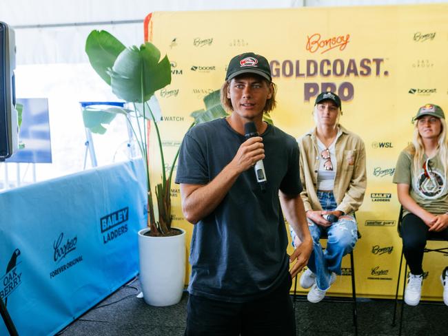 GOLD COAST, QUEENSLAND, AUSTRALIA - APRIL 26: Juraki representative Jarulah Slaab at the Press Conference prior to the commencement of the Bonsoy Gold Coast Pro on April 26, 2024 at Gold Coast, Queensland, Australia. (Photo by Cait Miers/World Surf League)