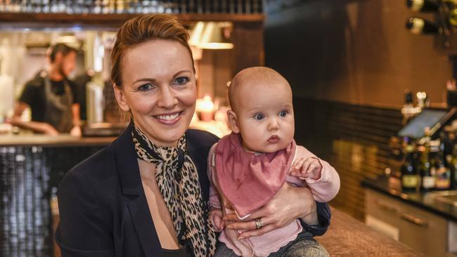 Emma Kardachi and four-month-old Quinn at Nido restaurant. Picture: AAP/Roy VanDerVegt