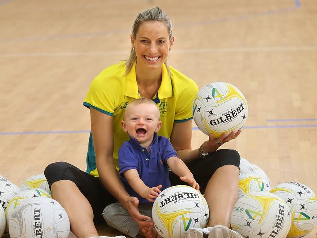 Laura Geitz with Barney at an Australian netball camp at the AIS earlier this year. Pic: Kym Smith