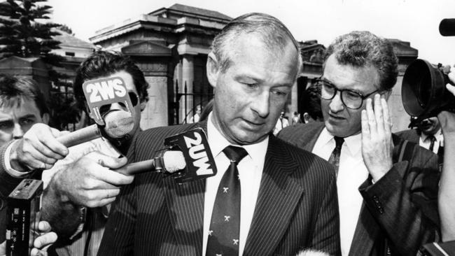 Rogerson leaves court in 1989 after receiving a not-guilty verdict over bribery charges. Picture: Geoff Henderson