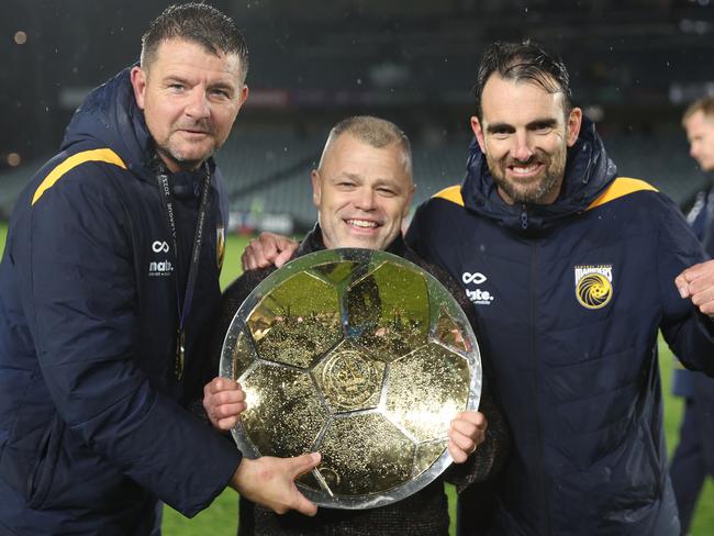 Richard Peil, middle, after the Mariners-Adelaide United clash in May. Picture: Scott Gardiner/Getty Images