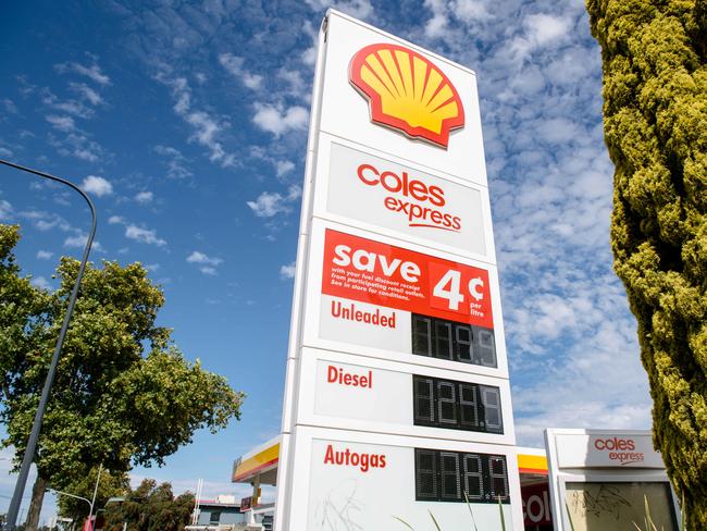 Shell Coles Express petrol price board on Port Rd, Thebarton, in Adelaide, Friday, April 3, 2020. (AAP Image/ Morgan Sette)