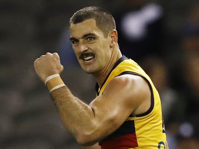 MELBOURNE, AUSTRALIA - JUNE 27: Taylor Walker of the Crows celebrates a goal during the 2021 AFL Round 15 match between the Carlton Blues and the Adelaide Crows at Marvel Stadium on June 27, 2021 in Melbourne, Australia. (Photo by Dylan Burns/AFL Photos via Getty Images)