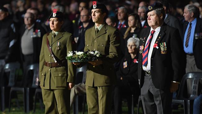 Representatives of the New Zealand Defence Force lay a wreath during the ANZAC Day dawn service at Cranmer Square in Christchurch. Picture: Getty