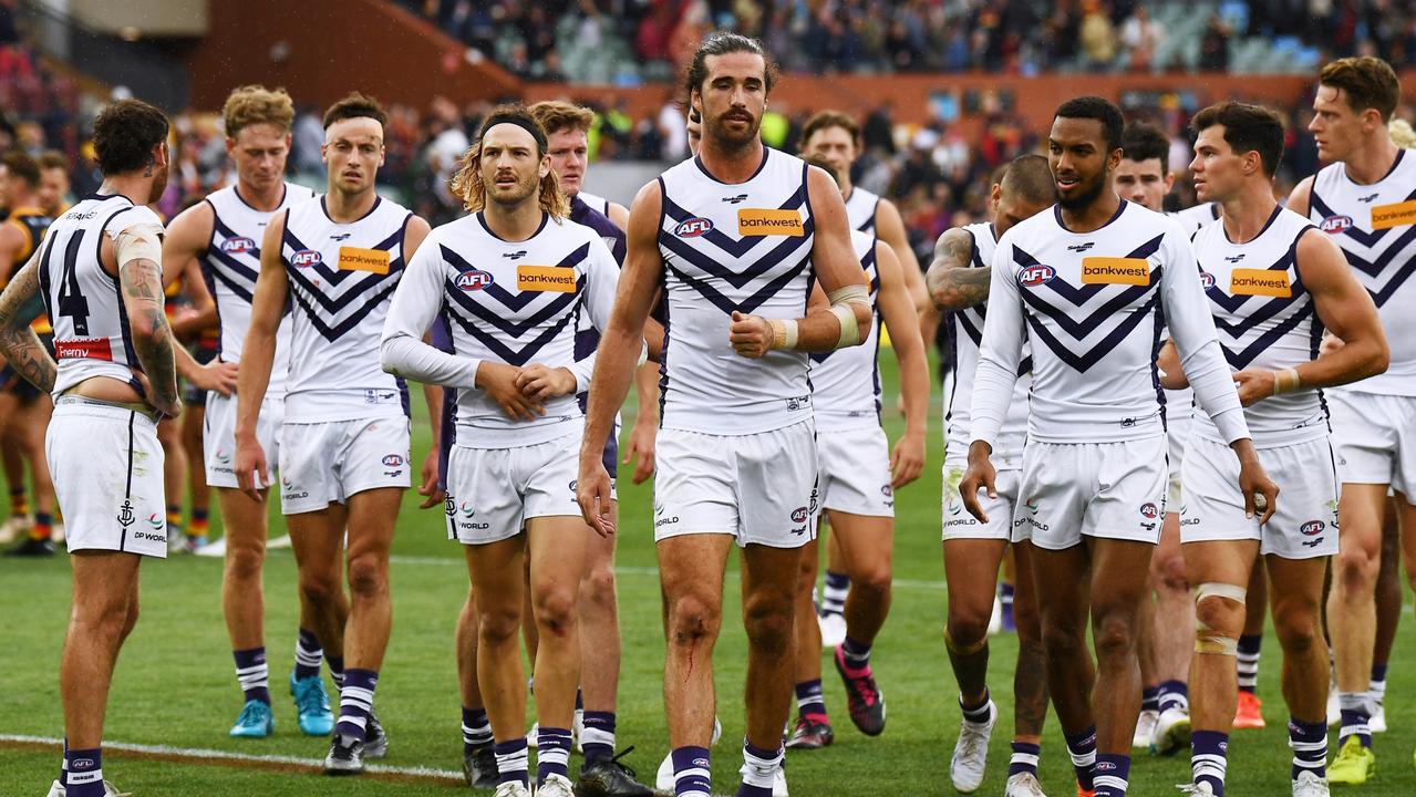 Fremantle leave the ground after the loss to Adelaide. Picture: Mark Brake