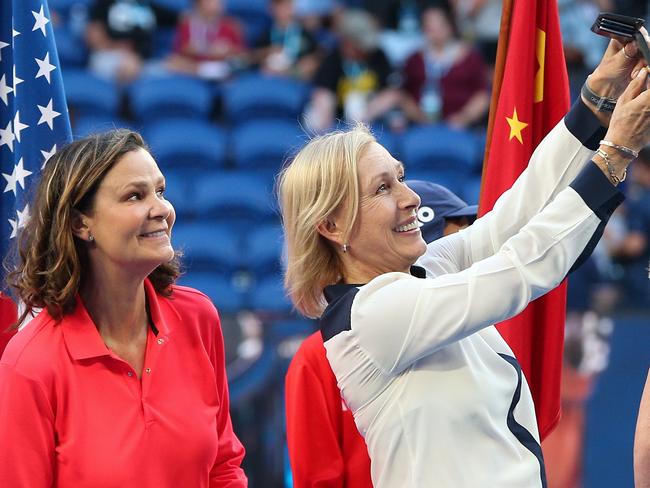 Pam Shriver with former doubles partner Martina Navratilova. The pair won a swag of Grand Slam doubles titles. Shriver said many were stolen when she fled the LA wildfires. Picture: Supplied