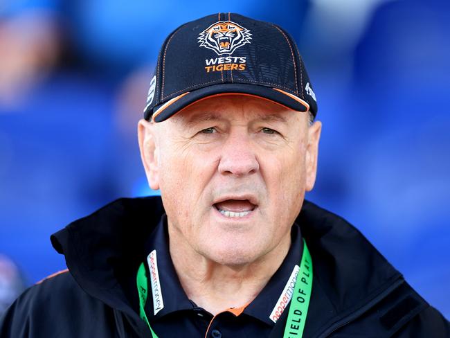 TAMWORTH, AUSTRALIA - JULY 28: Wests Tigers head coach Tim Sheens looks on ahead of the round 22 NRL match between Wests Tigers and South Sydney Rabbitohs at Scully Park on July 28, 2023 in Tamworth, Australia. (Photo by Jenny Evans/Getty Images)