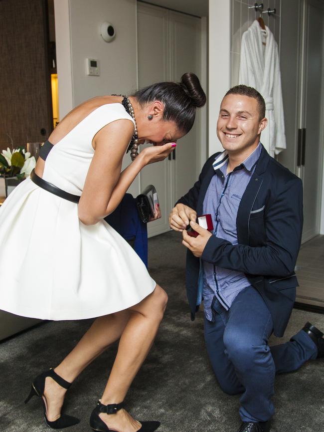 Joshua and Michelle's marriage proposal. Picture: Leigh Hope at www.shootmyfamily.com.au.