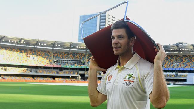 Australian captain Tim Paine takes his own chair to the Gabba, such is the state of its disrepair. Picture: AFP