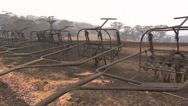 Chairlift seats scorched by the blaze. Picture: Nine