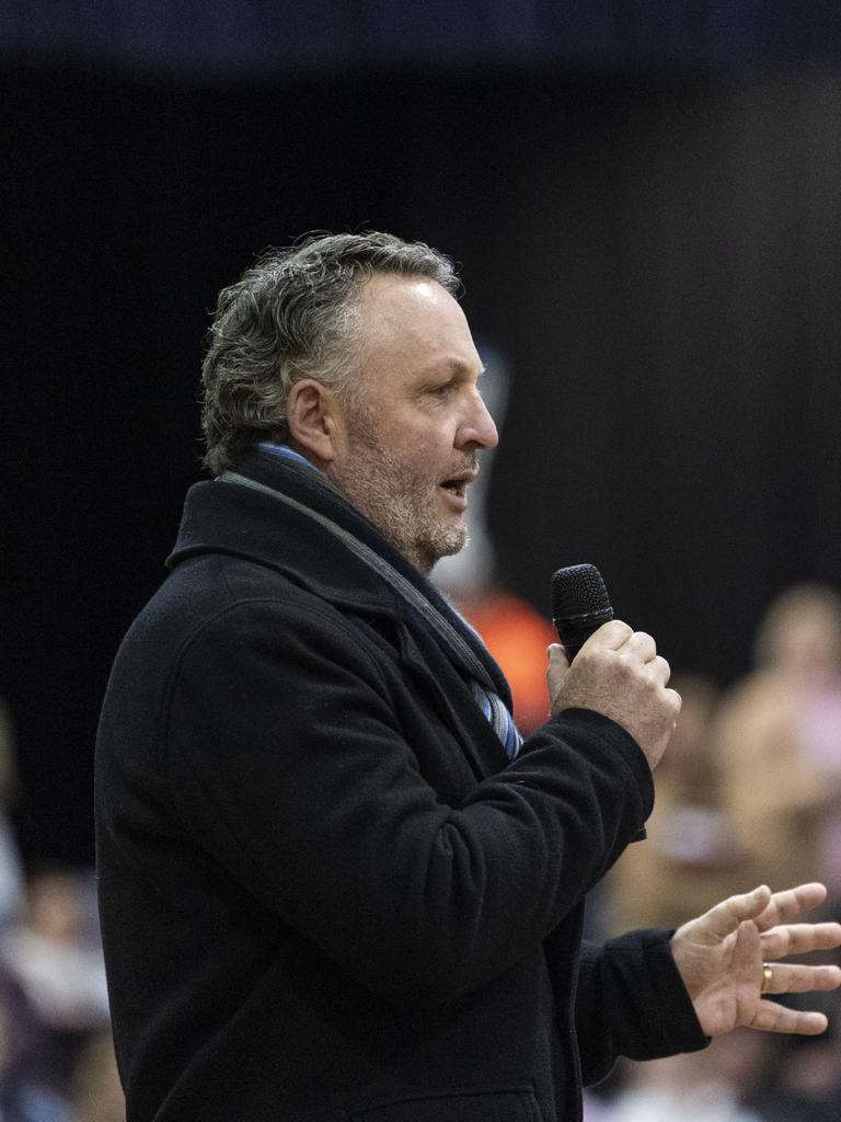 Downlands College principal Stephen Koch speaking after Downlands First VII were beaten by St Ursula's Senior A in Merici-Chevalier Cup netball at Salo Centre, Friday, July 19, 2024. Picture: Kevin Farmer