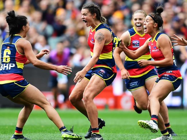 Simple. Footy. Wins: it’s the mantra that Crows AFLW coach Matthew Clarke has been running with all season 2019 and saw his side defeat Carlton by 45 points in the AFLW Grand Final at Adelaide Oval on March 31, 2019. Picture: Mark Brake/Getty Images