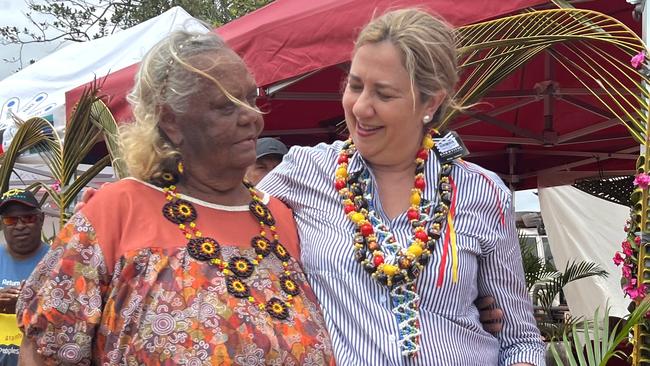 Traditional owner Cecelia Ropeyarn with Queensland Premier Annastacia Palaszczuk on Wednesday. Picture: Madura McCormack