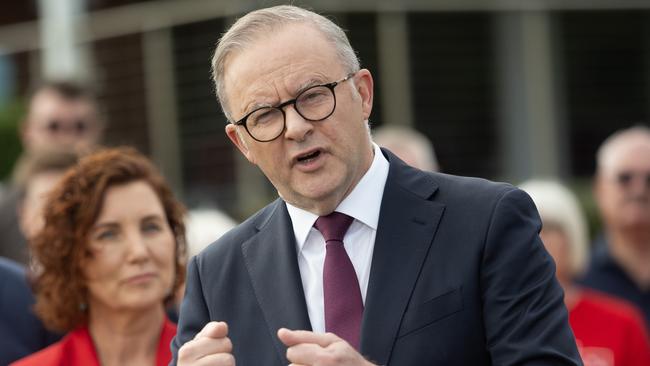 Anthony Albanese defended his government’s record on Indigenous affairs as he announced Labor’s candidate for Dunkley, Jodie Belyea. Picture: NCA NewsWire / Nicki Connolly