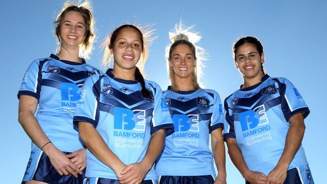 NSW WomenÕs Rugby League squad members Kezie Apps, Rebecca Riley, Allana Ferguson and Nakia Davis-Welsh are on the Gold Coast ahead of their clash against Queensland. Picture by Scott Fletcher