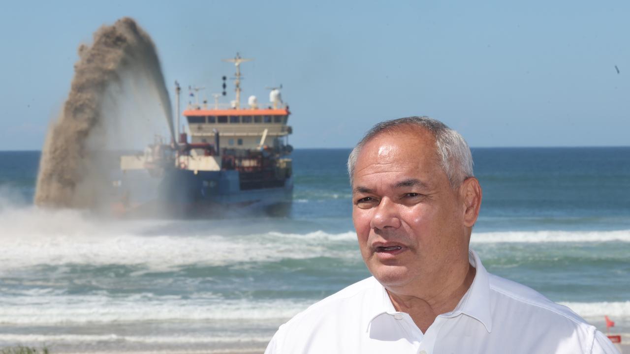 Gold Coast mayor Tom Tate speaks to media about the dredger pumping sand off Surfers Paradise. Picture: Glenn Hampson
