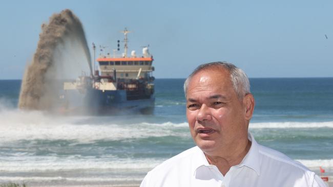 Gold Coast mayor Tom Tate speaks to media about the dredger pumping sand off Surfers Paradise. Picture: Glenn Hampson