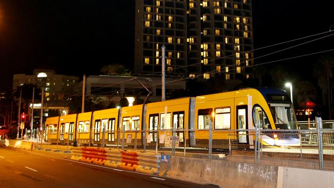 A tram along the Main Beach stretch of the Gold Coast Highway. Picture by Scott Fletcher