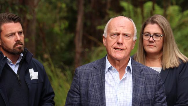 Liberal Senator Jonno Duniam, state minister Eric Abetz and Australian Forest Products Association chief executive Di Hallam at Lonnavale on Thursday, January 23, 2025.