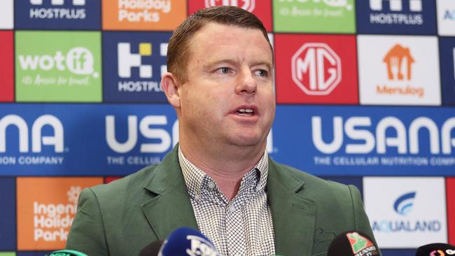 SYDNEY, AUSTRALIA - MAY 01: Rabbitohs CEO Blake Solly speaks to the media during a South Sydney Rabbitohs NRL press conference at USANA Rabbitohs Centre on May 01, 2024 in Sydney, Australia.  (Photo by Matt King/Getty Images)