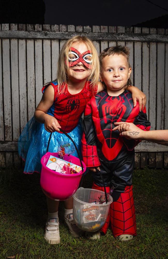 Darci-Lee and Stevie-Lee Washington trick or treating on Halloween, Thursday, October 31, 2024. Picture: Kevin Farmer