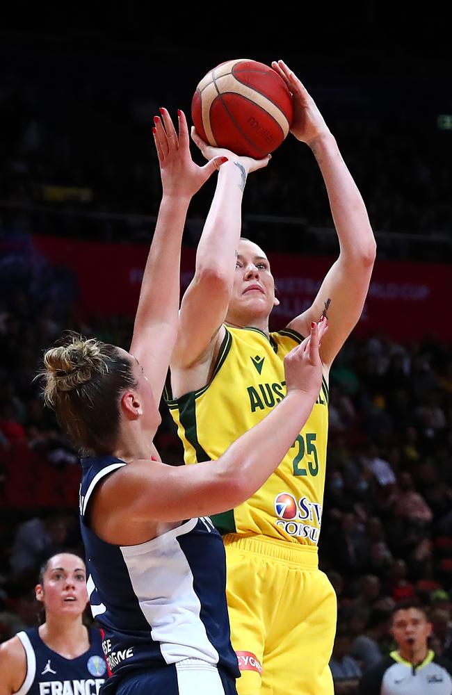 LJ goes bang from deep with a hand in her face. Picture: Getty Images