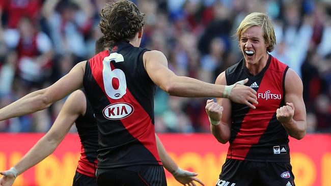 Darcy Parish kicks the winning goal against Melbourne. Picture: Alex Coppel